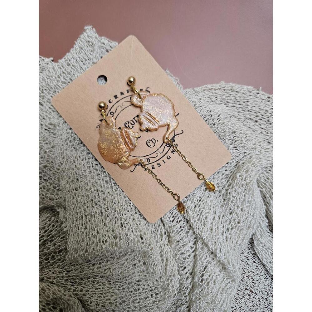 Handcrafted Polymer Clay Amber Toned Teapot Drop Earrings with Beads